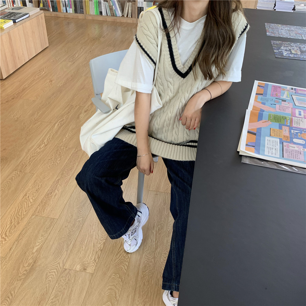 Xiaozhainv Áo dệt kim dáng rộng cổ chữ V không tay phong cách Hàn Quốc thời trang nữ dễ thương | BigBuy360 - bigbuy360.vn