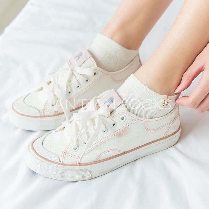TIAN TIAN T160 Vớ Cotton Mỏng Cổ Thấp tất  nữ cổ ngắn In Họa Tiết Gấu Dễ Thương Thời Trang Mùa Hè