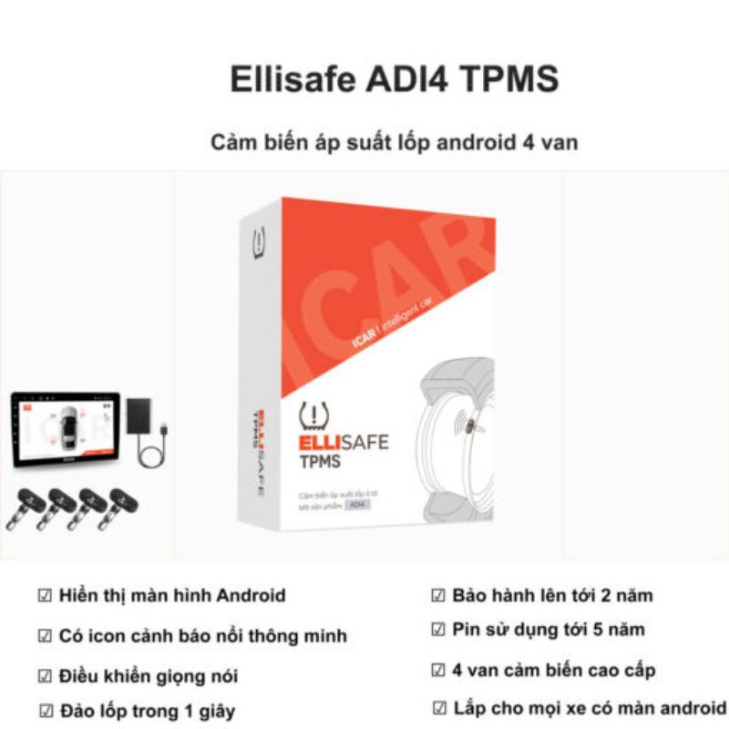 Cảm biến áp suất lốp van trong tích hợp cho màn hình android ICAR ADI4, giao diện cảnh báo nổi đẹp mắt