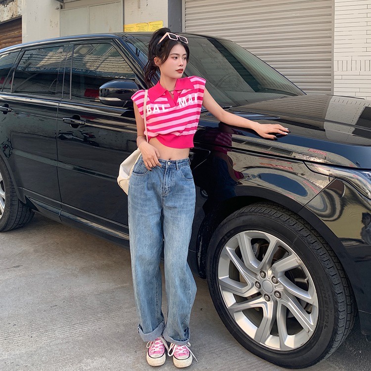 Áo thun ZHELIHANGFEI dệt kim không tay cổ polo họa tiết kẻ sọc