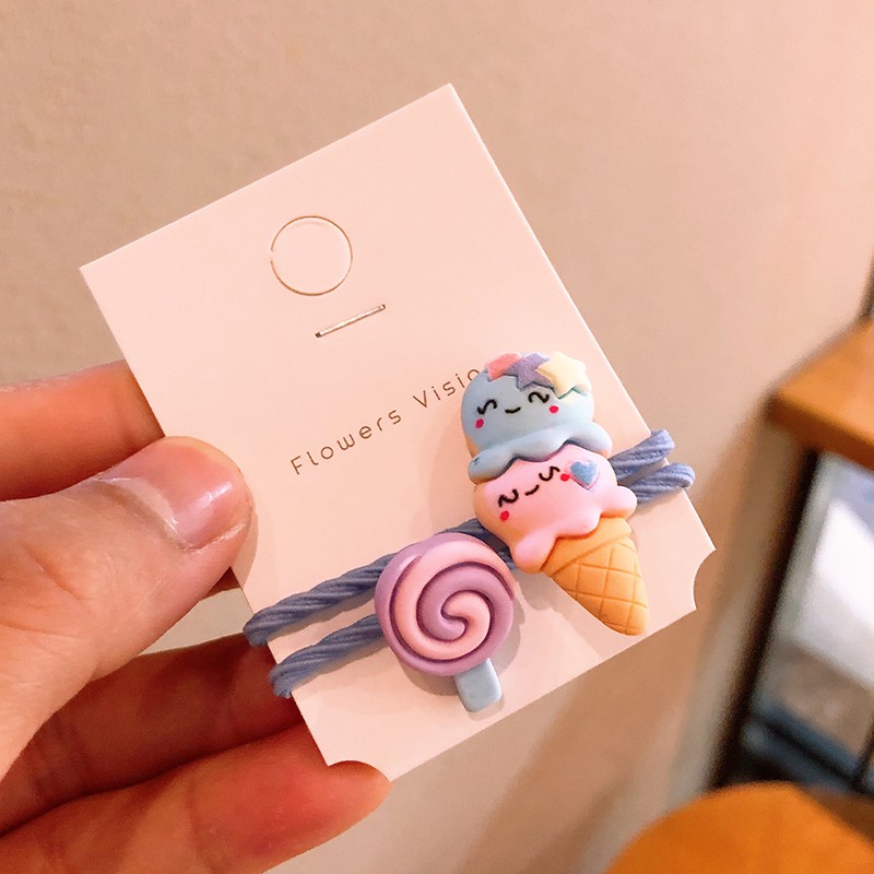 Bộ 2 dây thun cột tóc hình bánh donut / kem hoạt hình xinh xắn cho bé gái
