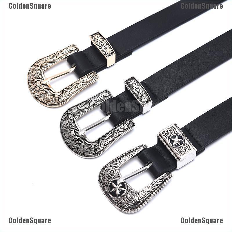 Thắt Lưng Da Màu Đen Khóa Kim Loại Khắc Hình Trái Tim Phong Cách Vintage