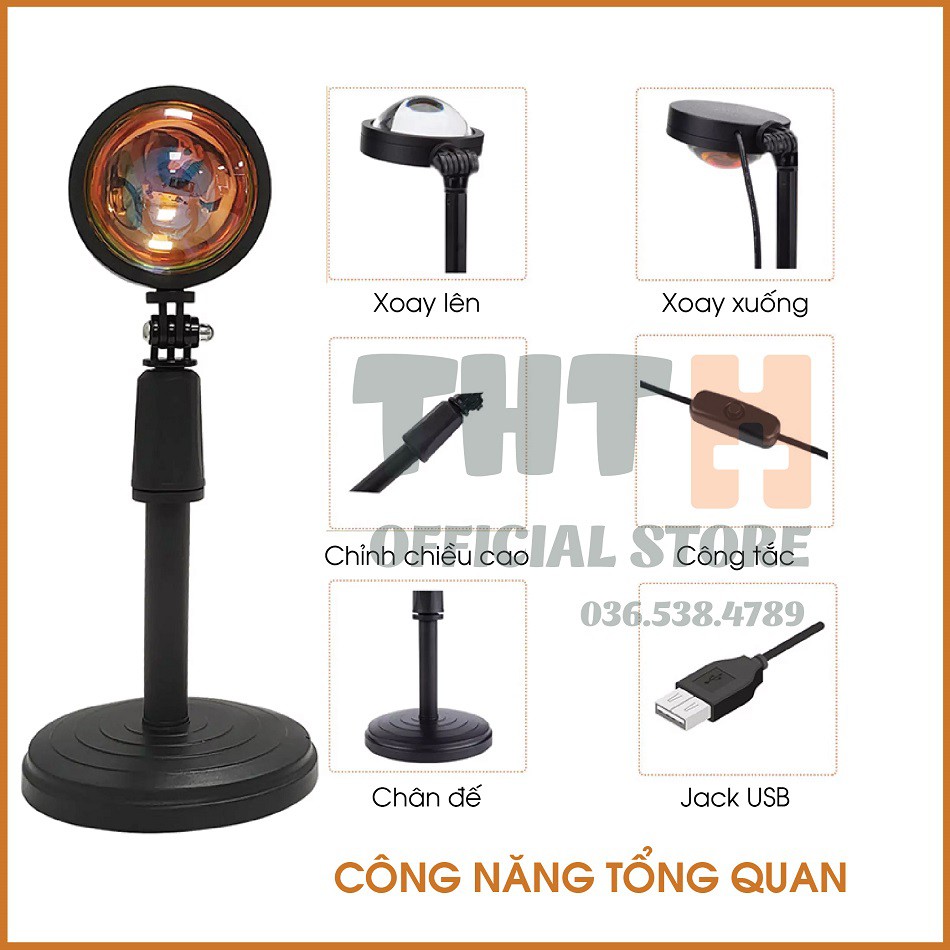 [4 In 1] Đèn Hoàng Hôn Đèn Sunset Sống Ảo - Chuyển Được 4 Màu Chiều cao 27cm, dây USB dài 1.2m, quay 180 độ
