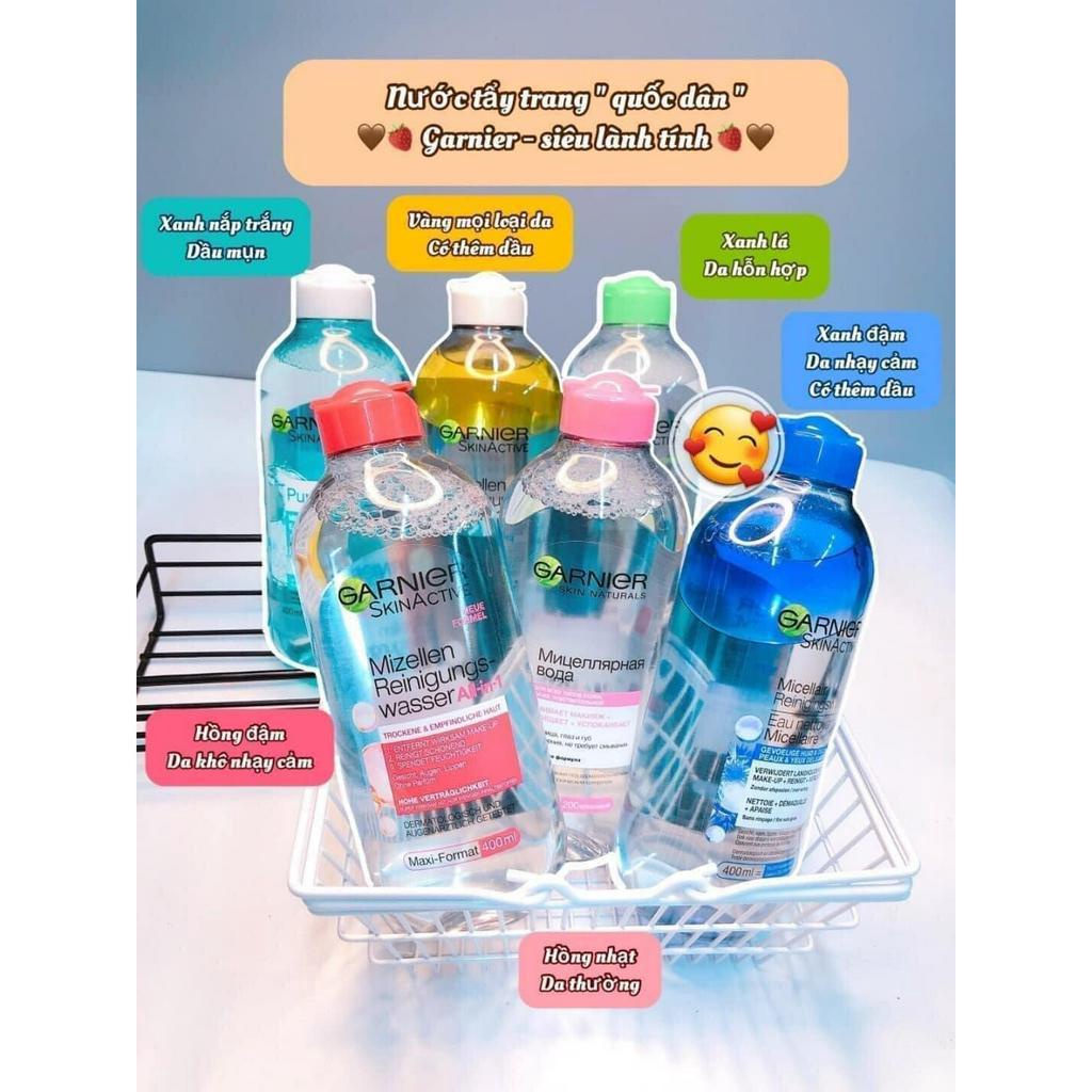 Nước tẩy trang Garnier xanh / Hồng / xanh lá/ vàng / xanh dương / da dầu mụn Pháp 400ml