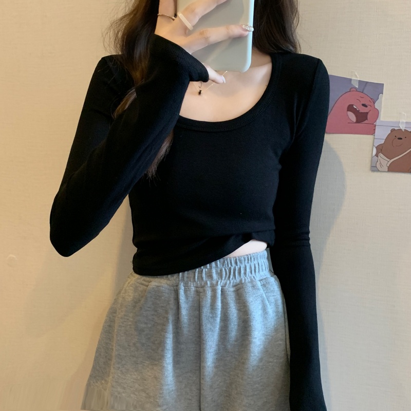 IELGY    Áo Thun Tay Dài Cổ Chữ U Dáng Ôm Thời Trang Cho Nữ