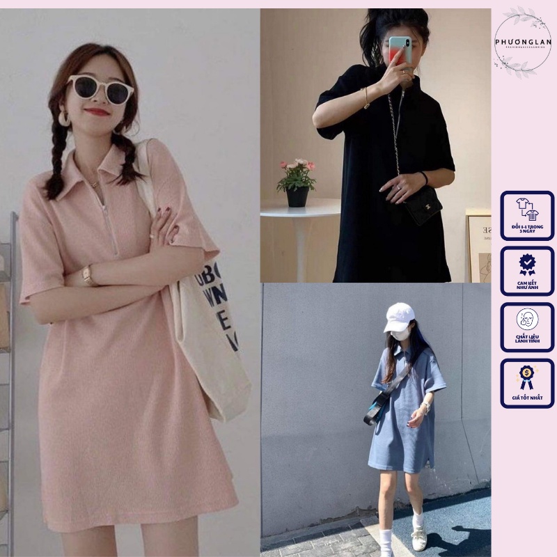 Đầm tiểu thư 🌸 Đầm cổ bẻ dáng suông tay lỡ khoá zip vintage chất tổ ong ba màu xanh hồng đen PHULA | WebRaoVat - webraovat.net.vn