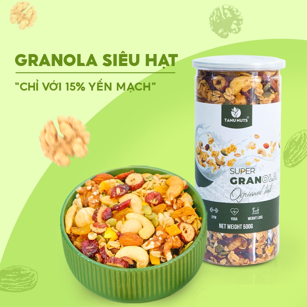 Granola siêu hạt 15% yến mạch TANU NUTS, ngũ cốc granola giảm cân không đường, hạt dinh dưỡng ngũ cốc bà bầu