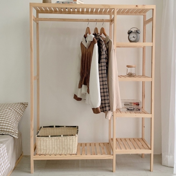 Tủ treo quần áo gỗ thông 3 gian phong cách Hàn Quốc l Giá treo quần áo gỗ thông 150cm x 35cm x 135cm thiết kế 3 gian