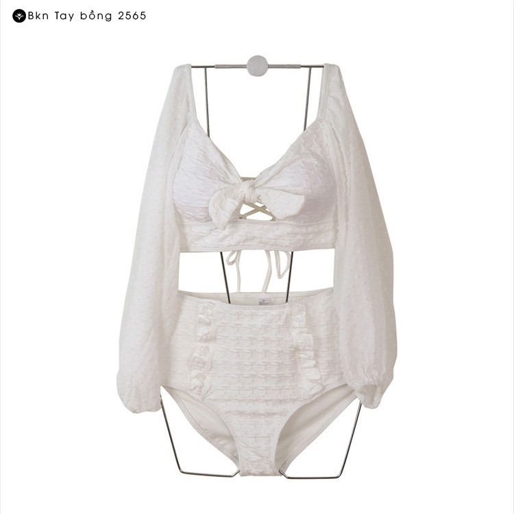 Bikini 2 Mảnh Tay Bồng VINTAGE Tiểu thư❣️[FREESHIP]❣️ Set đồ bơi 2 mảnh quần cạp cao, tay dài cực xinh