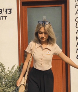 Áo thun cổ bẻ croptop thêu hoa