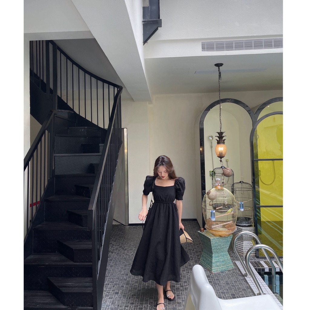 Đầm tay phồng cổ vuông thời trang mùa hè phong cách Hàn Quốc cho nữ