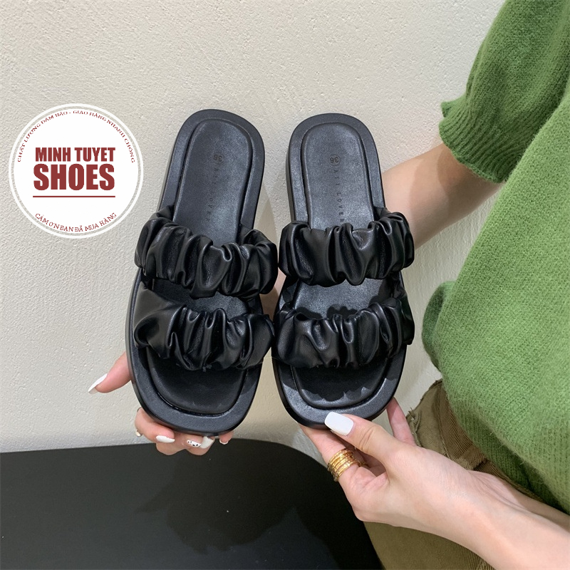 dép nữ đế bằng minhtuyetshoes quai ngang chéo nhún bèo đế bánh mì dày mẫu mới bền đẹp giá tốt