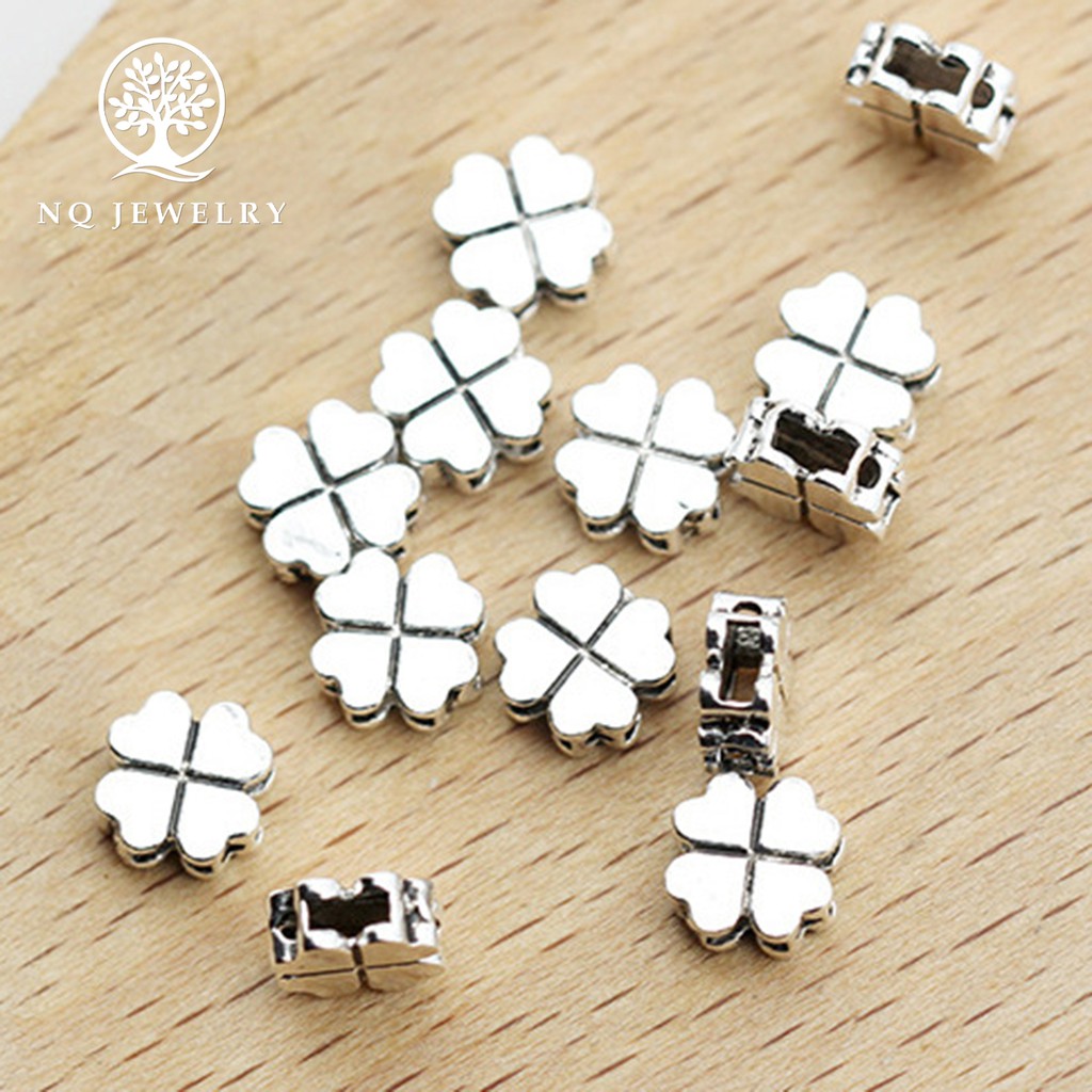 Charm bạc cỏ bốn lá , charm cỏ may mắn xỏ ngang phối vòng tay - NQ Jewelry