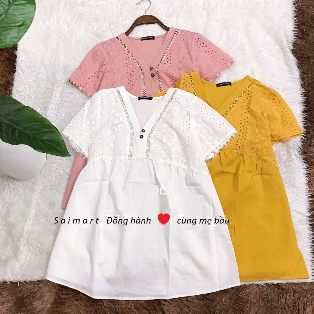 Áo Bầu Babydoll Hoạ Tiết Thêu Xinh Xắn, Chất Liệu Mềm Mát Mẹ Mặc Dễ Chịu, Thoải Mái - Free size