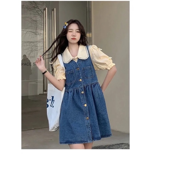 Váy Yếm Bò Denim, Đầm Jean Dáng Baby Doll Không Tay Sát Nách Phong Cách Tiểu Thư Hàn Quốc Cài Cúc Cổ V loại 1 Năng Động