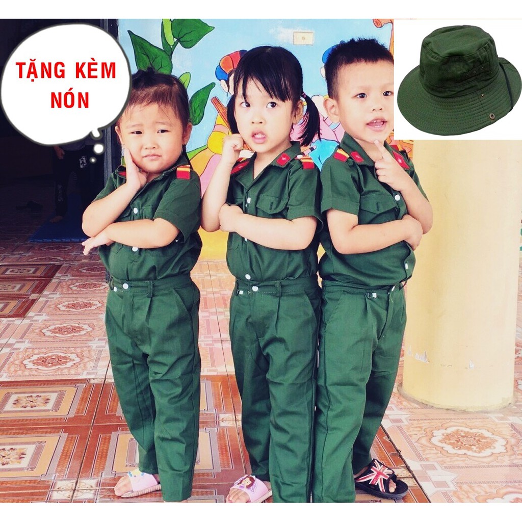 Bộ quần áo bộ đội trẻ em kèm nón tai bèo - Trang phục hoá trang đồ bộ đội cho bé, lính cho bé.