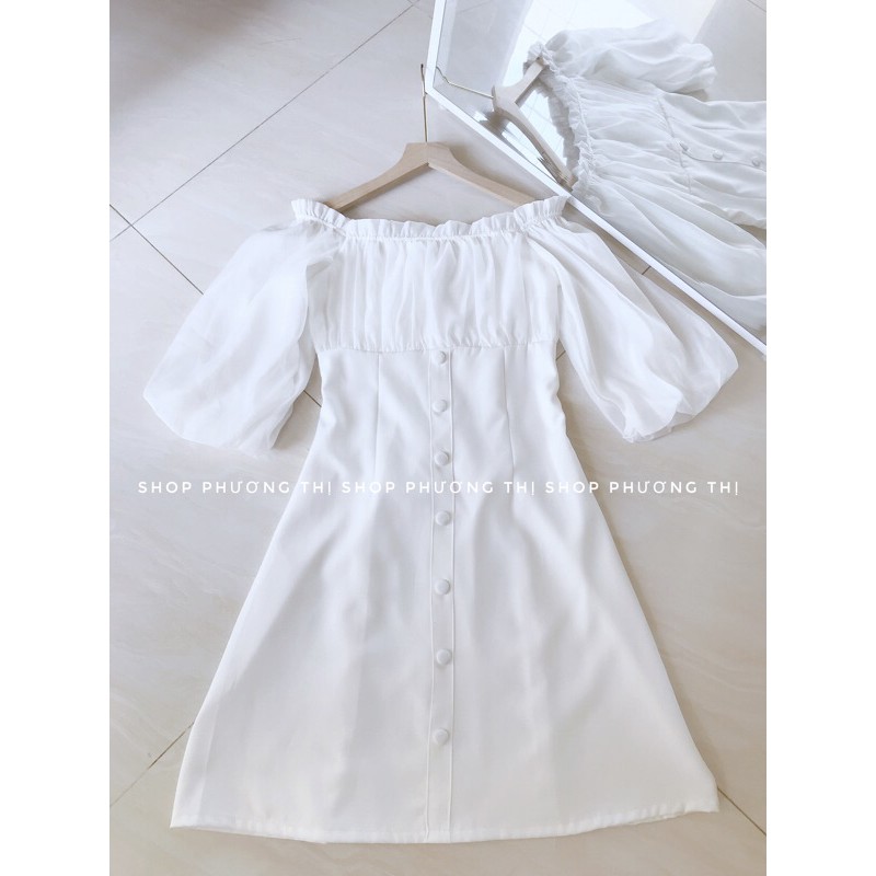 Váy trắng trễ vai thiết kế cúc bọc siêu xinh - Đầm trắng tiểu thư Hàn quốc (sẵn hàng)