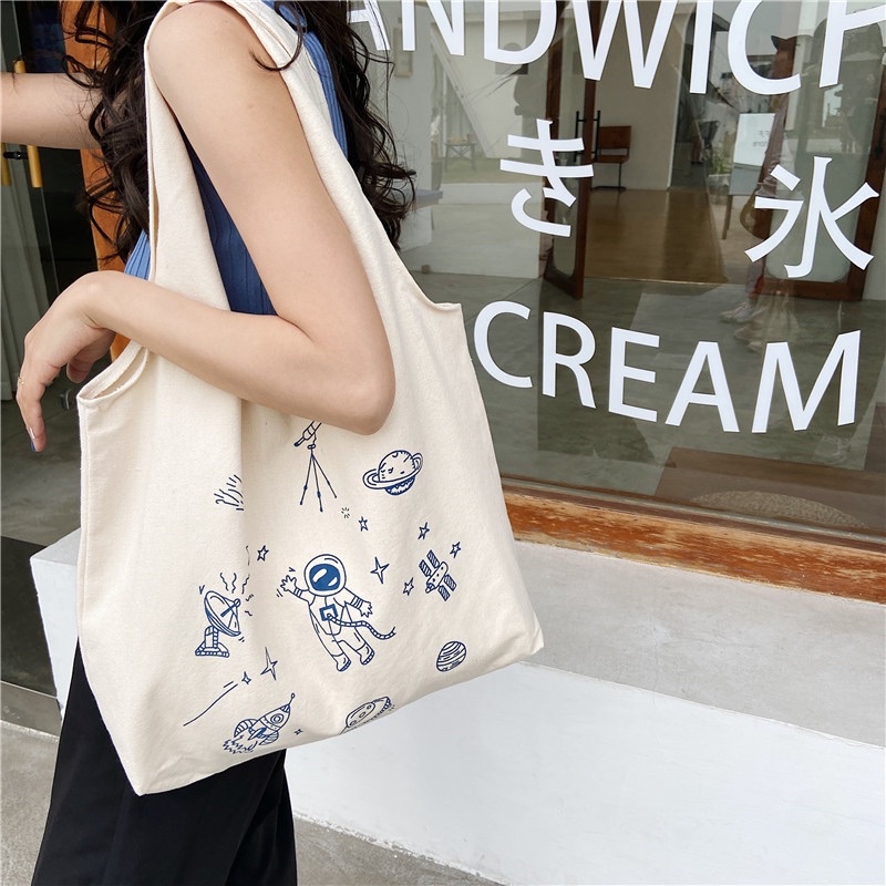 Túi vải tote canvas in hoạ tiết phi hành gia kiểu dáng năng động Hàn Quốc thời trang nữ Lae Store