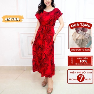 Đầm maxi trung niên đi biển mùa hè hoa nhí eo bo thun AMYRA - Váy maxi thoáng mát mặc nhà trung niên Va125