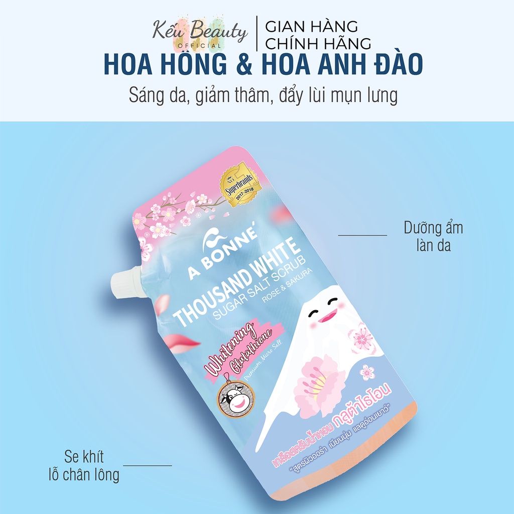 Muối tắm tẩy da chết trắng da A Bonne Thousand White Sugar Salt Scrub hoa hồng và anh đào 350g