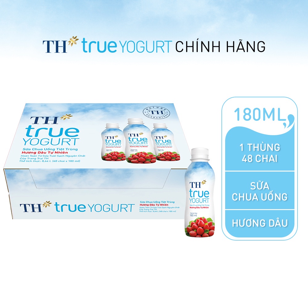Thùng 48 Chai Sữa Chua Uống Tiệt Trùng Hương Dâu Tự Nhiên TH True Yogurt 180ml
