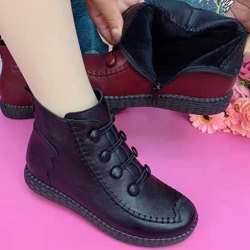 Giày Bốt Martin Da cotton Phối Nhung Đế Mềm Dày Giữ Ấm Thời Trang Cho Nữ