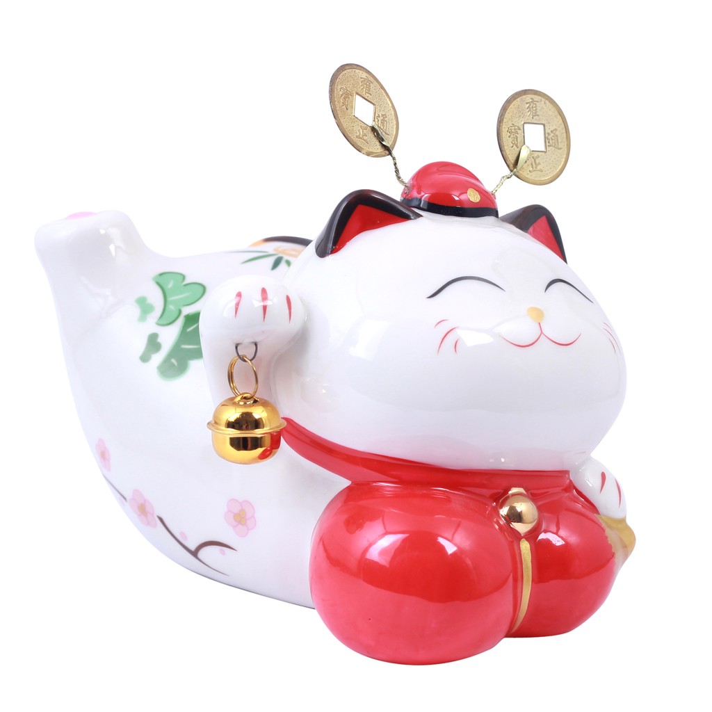 Tượng Gốm Mèo Trắng Nằm Ôm Hồ Lô Đỏ