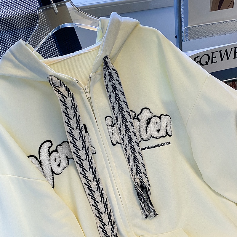 ZHELIHANGFEI Áo Hoodie Tay Dài Form Rộng Họa Tiết Thêu Theo Phong Cách Nhật Bản