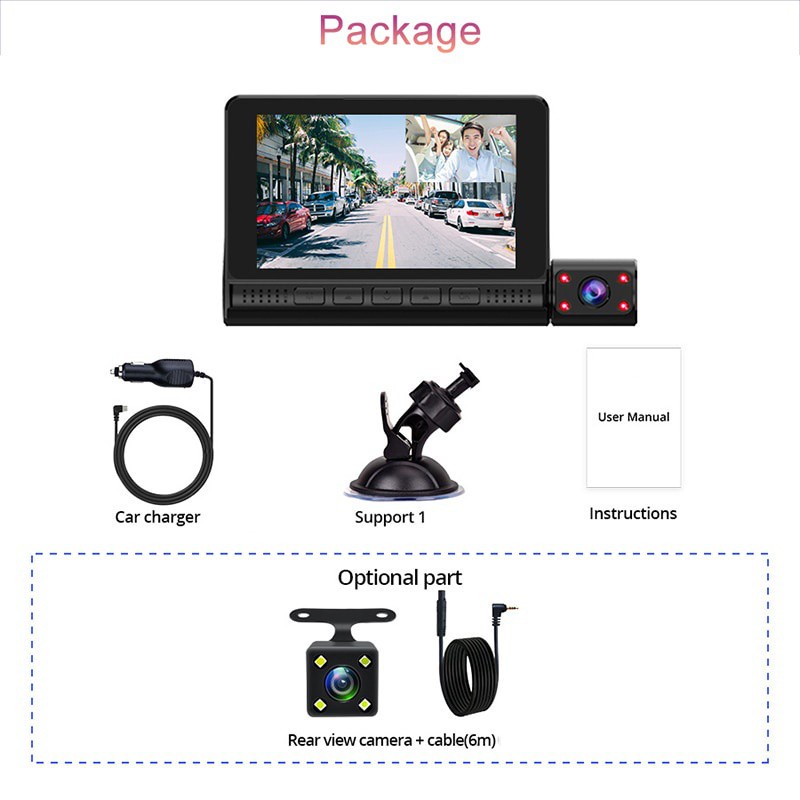 Camera Hành Trình 4 Inch Cảm Ứng 3 Camera DVR FHD 1080P Tầm Nhìn Đêm 24H Cho Xe Hơi