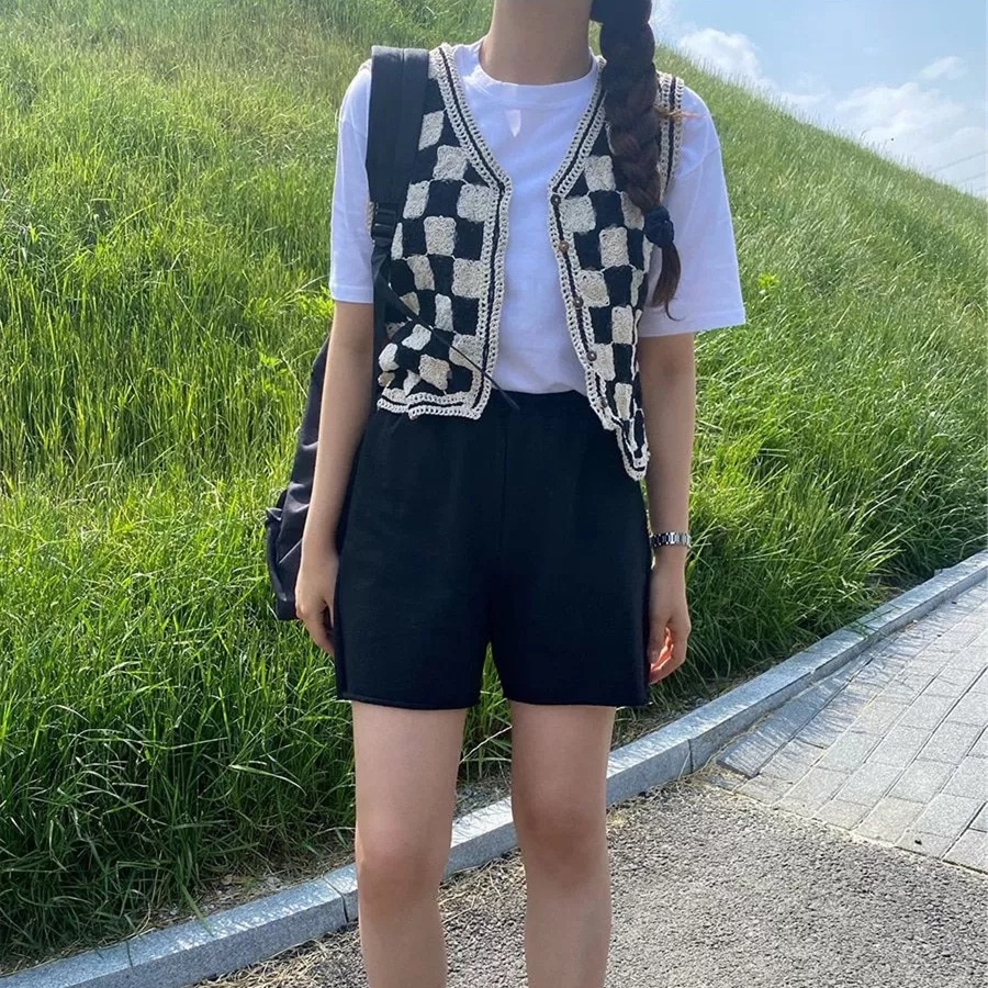 SUXI Áo Khoác Dệt Kim Không Tay Dáng Rộng Họa Tiết Kẻ Ô Phong Cách Hàn Quốc Thời Trang Mùa Thu Cho Nữ