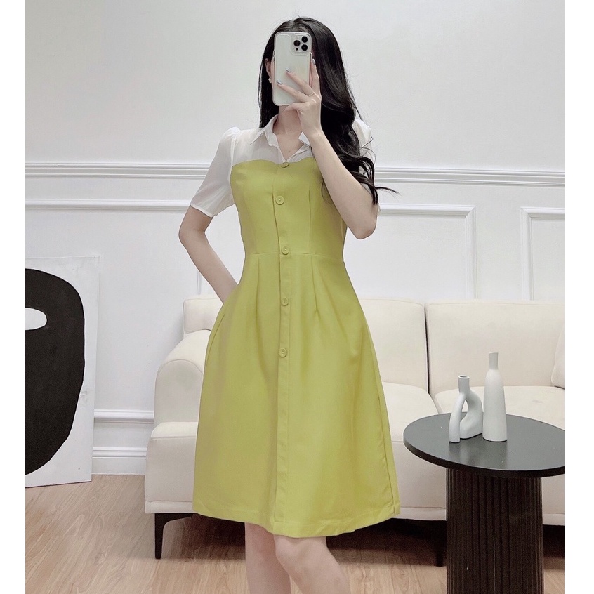 Đầm váy dáng A công sở dáng dài trên gối tay ngắn cổ sơ mi cúc cài chiết eo lưng kéo khóa Eva Lover