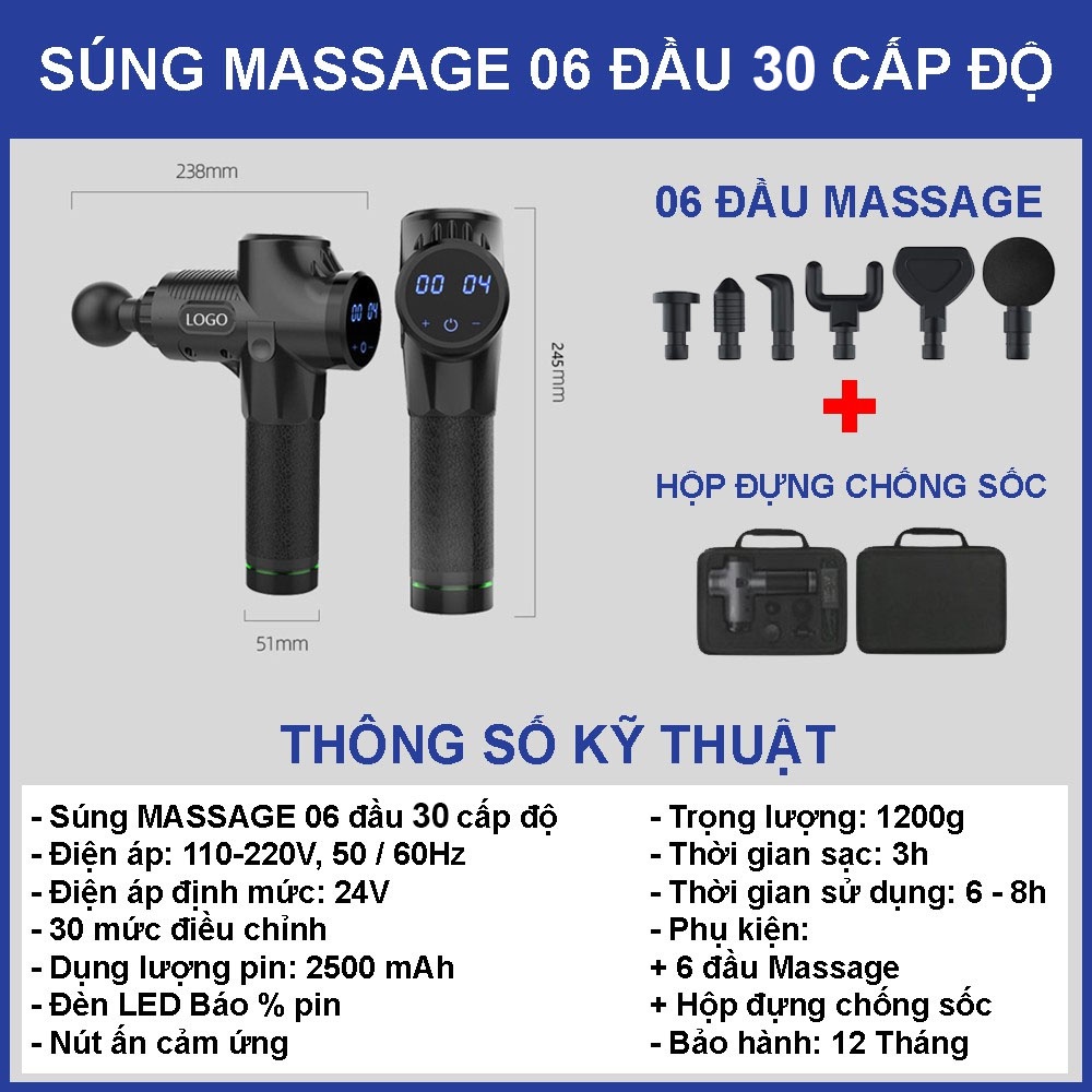 Máy massage cầm tay 6 đầu 30 cấp độ trị đau nhức toàn thân hiệu quả, súng massage kèm 6 đầu mát xa chuyên sâu