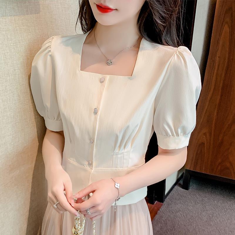 Áo Kiểu Chiffon Ngắn Tay Cổ Vuông Phong Cách Pháp