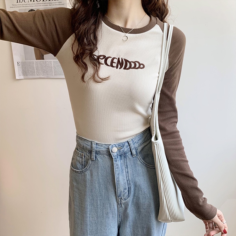 Áo Thun Dệt Kim Tay Dài Dáng Ôm In Họa Tiết Màu Sắc Tương Phản Thời Trang Mùa Thu Cho