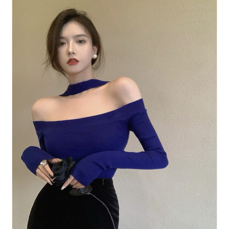 Áo dệt kim tay dài hở vai dáng ngắn thời trang mùa thu