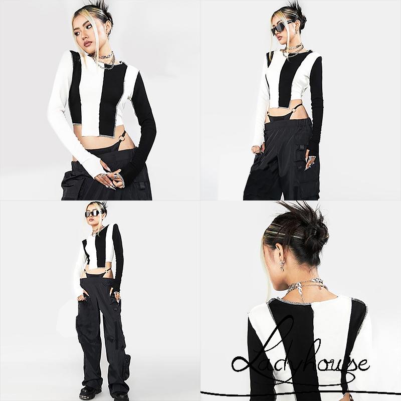 Áo Thun Croptop Tay Dài Cổ Tròn Vạt Lệch Thời Trang Dành Cho Nữ