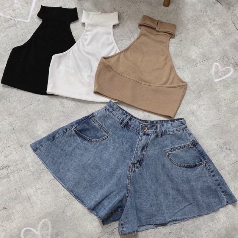 Áo yếm cổ cao from croptop hở lưng nút cài chát thun gân dày mịn dễ mặc alohashop91