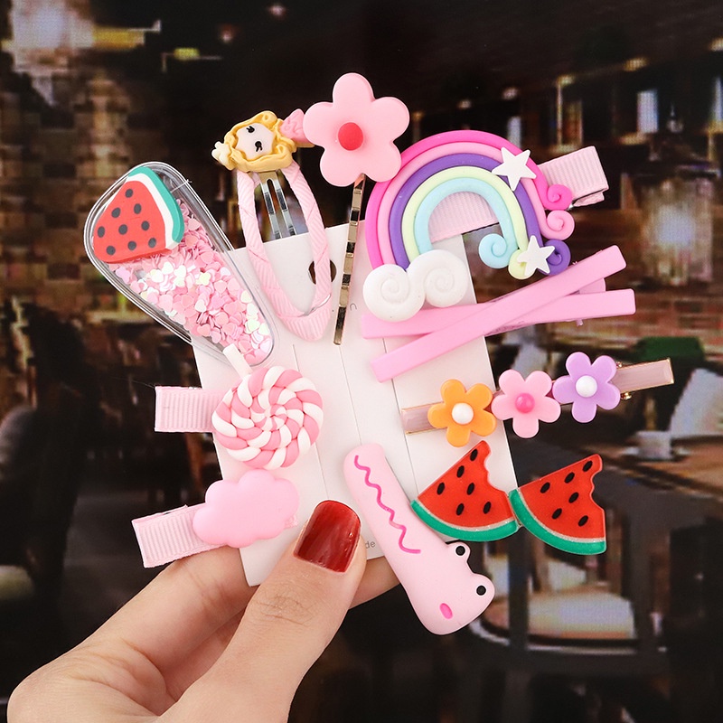 Set Kẹp Tóc Hình Kẹo Mút/Cầu Vồng/Nơ Dễ Thương Xinh Xắn Dành Cho Bé Gái
