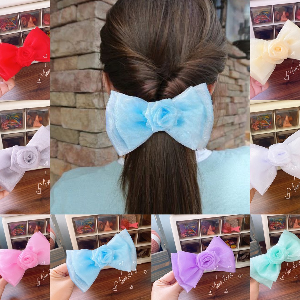 Kẹp nơ tiểu thư hoa hồng voan handmade TIMSTORE phong cách hàn quốc