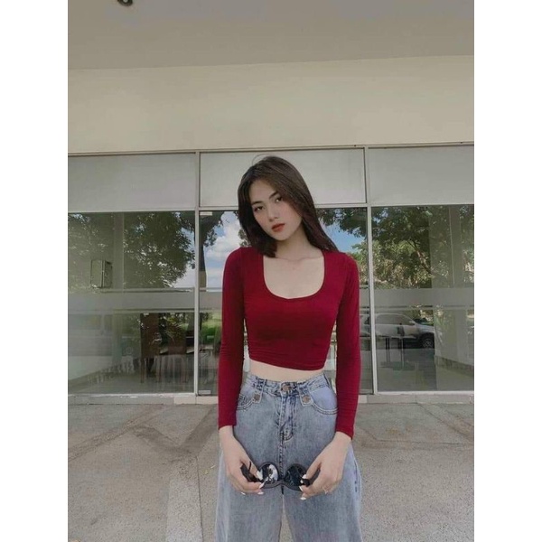 Áo thun cổ vuông croptop hàng QC