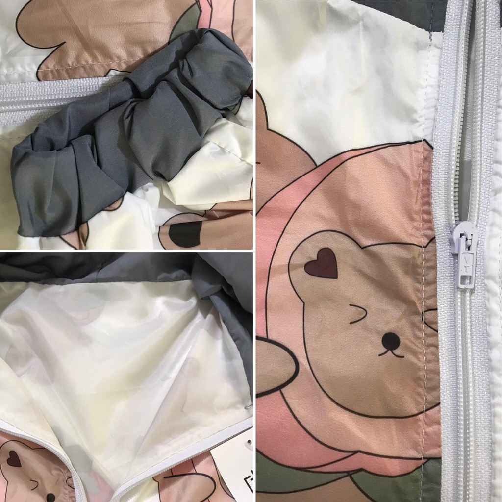 Áo Khoác Gió Gấu Teddy 🦋 Áo Gió 2 Lớp In Hình Kèm Mũ Tay Bo Dáng Rộng 🦋