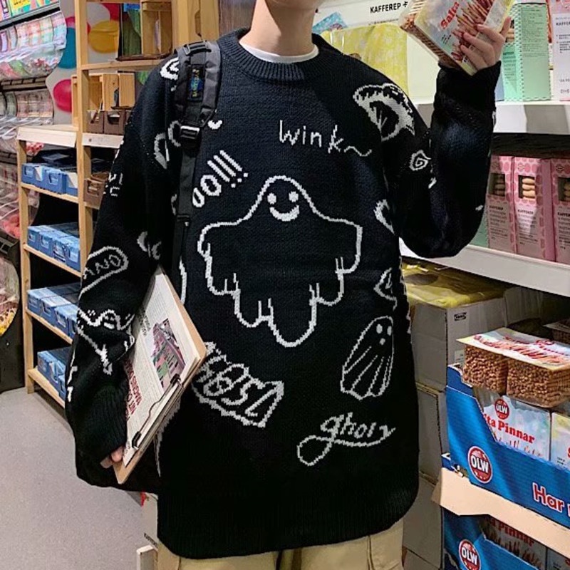 Áo sweater Dệt Kim Chui Đầu Dáng Rộng In Hoạt Hình Kiểu hip-hop Thời Trang Thu Đông Cho Các Cặp Đôi