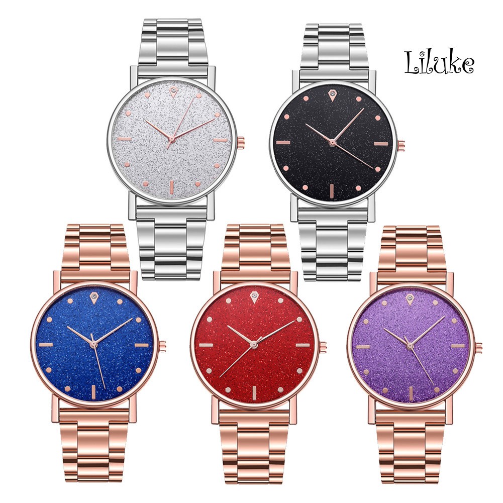 Đồng Hồ Đeo Tay Mặt Tròn Họa Tiết Sao Lấp Lánh Dây Thép Không Gỉ Thanh Lịch Cho Nữ