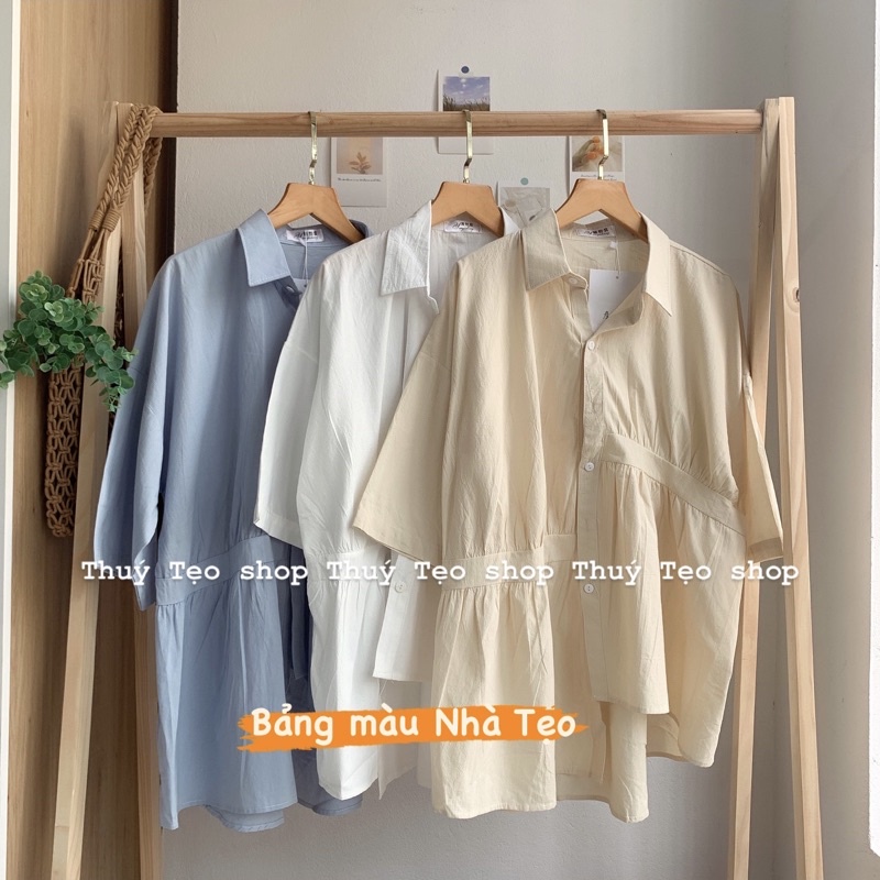 XẢ LỖ NGỪNG MÃ Áo sơ mi VẠT LỆCH cộc tay chất thô mềm - áo sơ mi nữ trơn cộc tay
