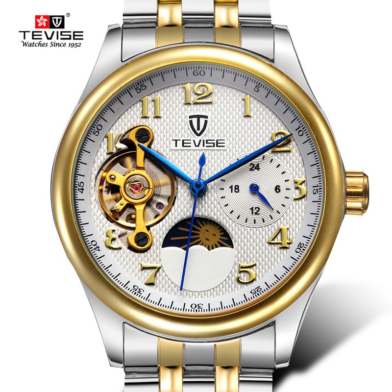 [LƯƠNG VỀ– Tặng Qùa] Đồng hồ chạy cơ Automatic nam dây Thép thương hiệu TEVISE 795 Japan Golden chống nước