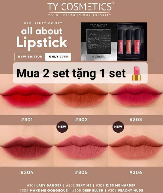 Mua 2 son kem TẶNG 1 son kem
, Mua 2 son thỏi TẶNG 1 son thỏi
 Mua 2 set mini TẶNG 1 set mini
 Mua 2  bặm TẶNG 1 bặm