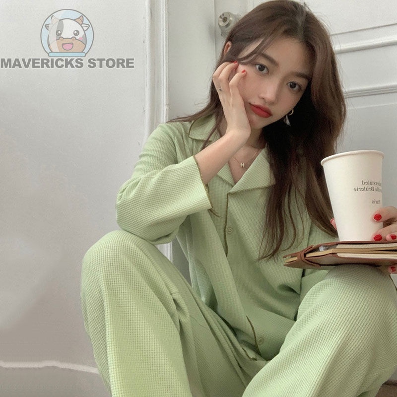Bộ đồ ngủ tay dài màu xanh lá dễ thương phong cách Nhật Bản giản dị thời trang mùa thu cho nữ