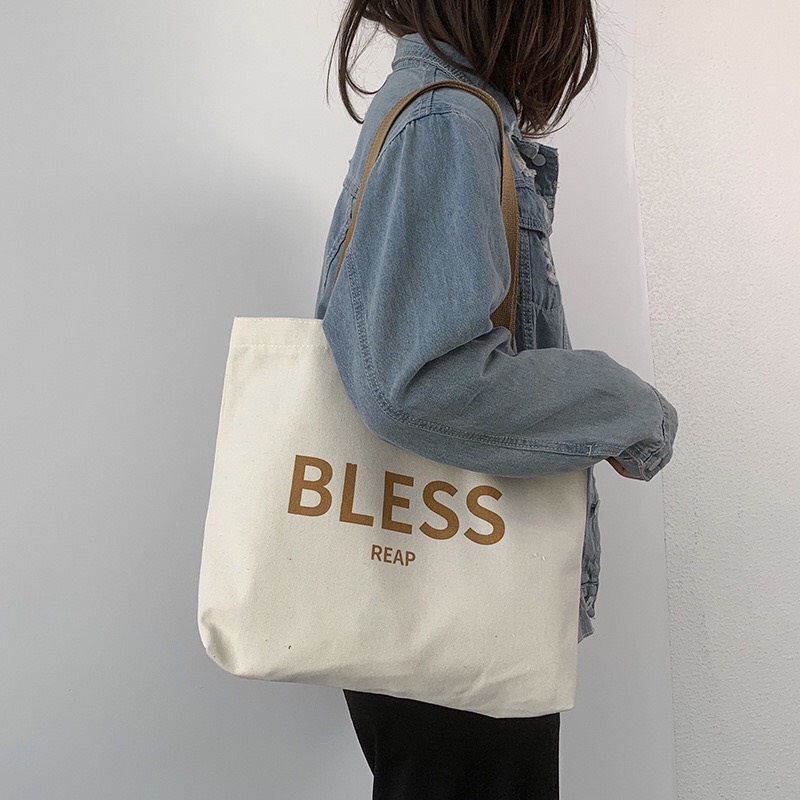 Túi tote túi vải canvas mềm phong cách Hàn Quốc có khóa miệng ngăn phụ bên trong họa tiết chữ đơn giản đi chơi đẹp T1005