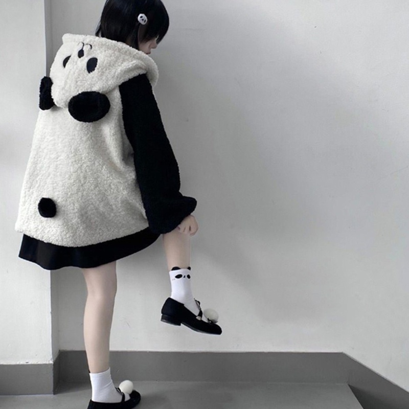 Áo Khoác Hoodie Giả Lông Cừu Tay Dài Đính Nút Họa Tiết Gấu Trúc Hoạt Hình Harajuku Thời Trang Mùa Đông Cho Nữ