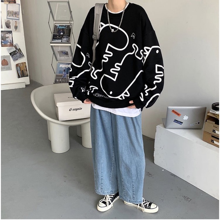 ÁO SWEATER SASENSHI CHỮ UNISEX - ÁO NỈ TAY DÀI ULZZANG HOẠ TIẾT KHỦNG LONG ĐEN TRẮNG